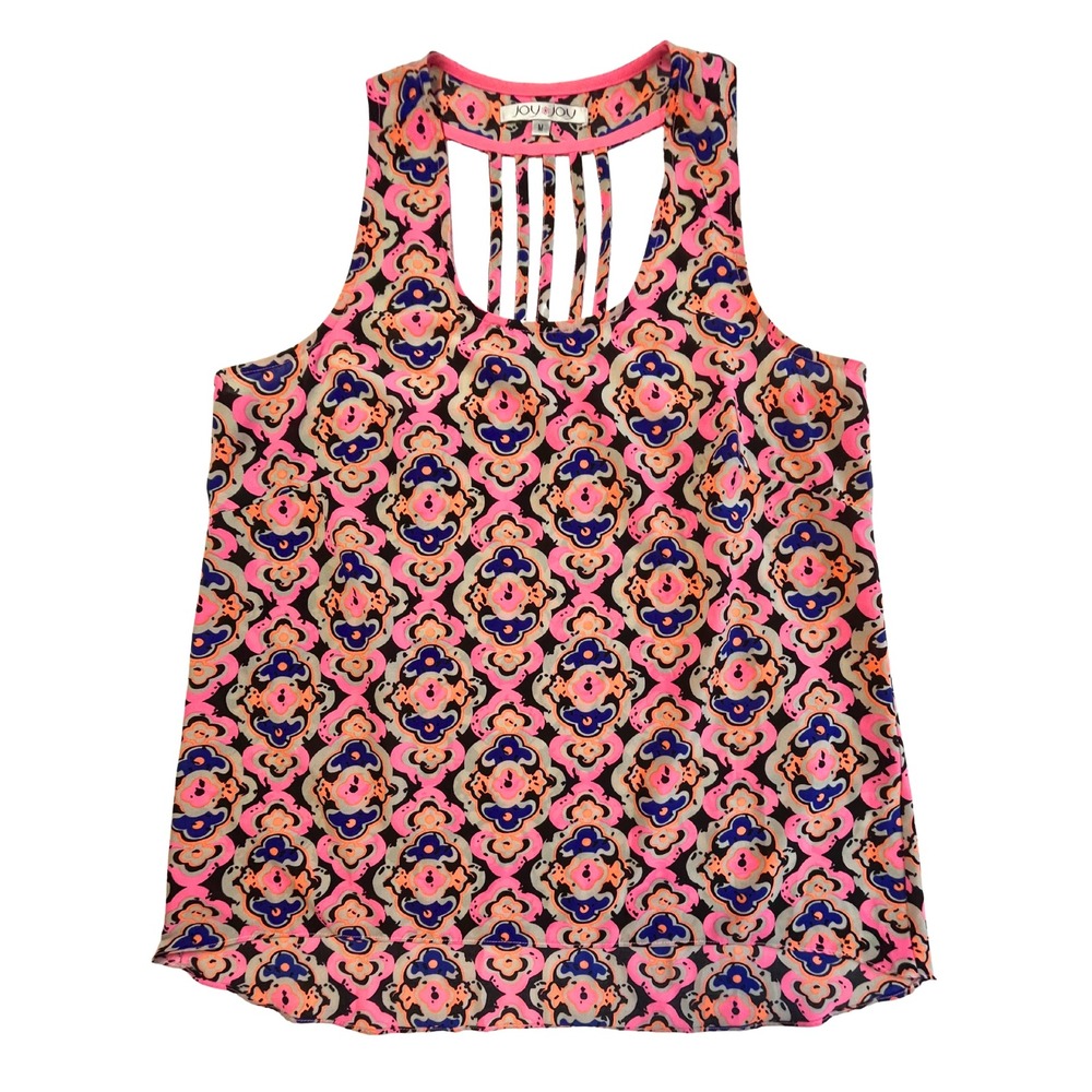 Joy Joy Women's Pink Blue Medallion Print Cage Back Tank Blouse M Boho Festival